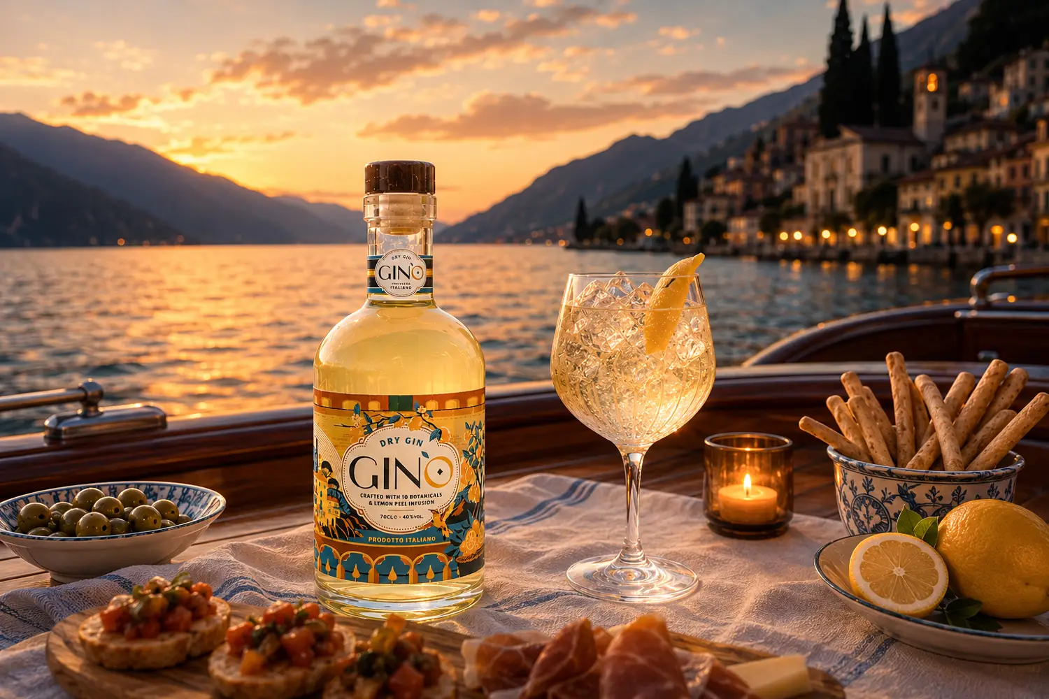 GIN'O on a lakeside table at sunset